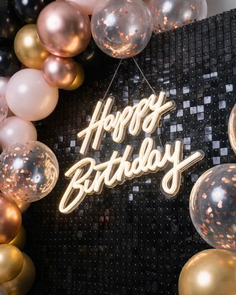 Podświetlany napis LED Happy Birthday na ściance cekinowej